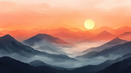 Fototapeta premium Serene Landscape at Sunset with Majestic Mountains, Peaceful Valleys and Soft Fog Overlapping the Horizon in Warm Orange and Cool Blue Hues