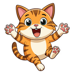 A happy tabby kitten with its mouth open and paws in the air appears to be leaping a white background