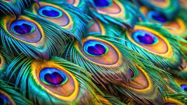 Vibrant iridescent feathers, intricate patterns and colors of peacock plumage in close-up macro photography, macro