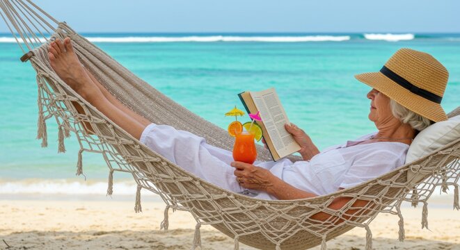 Mature adult relaxing in hammock on beach
