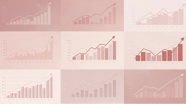 Faded visuals display rising bar graphs and lines