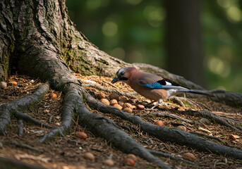 Jay foraging under tree roots