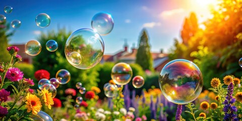 Soap bubbles floating on a sunny summer street, surrounded by vibrant flowers and lush greenery