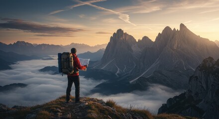 Obraz premium Person on mountain peak landscape at sunrise