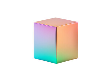 A colorful, iridescent cube with smooth, reflective surfaces.