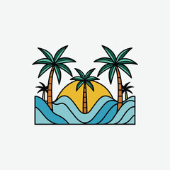 Minimalist Black and White Vector Illustration of Palm Trees, Ocean Waves, and Abstract Tropical Geometric Art
