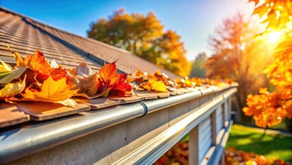 Autumnal Roofline Fallen Leaves Accumulate in Residential Gutter During Golden Hour Sunlight