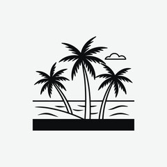 Minimalist Black and White Vector Illustration of Palm Trees, Ocean Waves, and Abstract Tropical Geometric Art