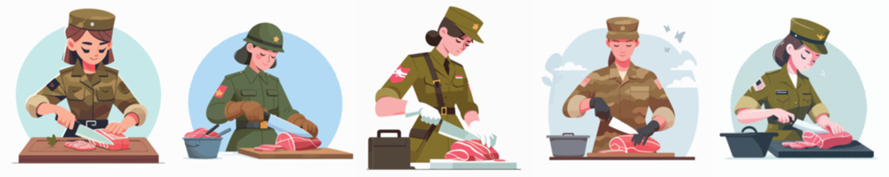 female soldier character vector slicing meat