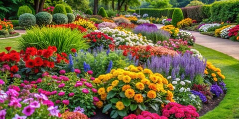 Fototapeta premium Vibrant colorful blooms surround lush greenery in a beautifully designed flower bed , garden design, colorful flowers
