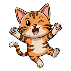 A happy tabby kitten with its mouth open and paws in the air appears to be leaping a white background
