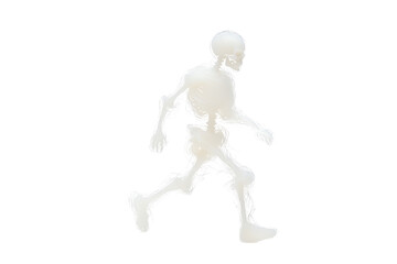 Fototapeta premium A human skeleton is depicted walking with one leg forward and an arm swinging.