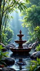Serene Garden Fountain Surrounded by Lush Greenery and Natural Light in a Peaceful Outdoor Setting