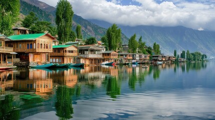 Naklejka premium Serene waterfront view of traditional houseboats on a calm lake surrounded by mountains and lush greenery under a cloudy sky in a picturesque landscape.