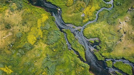 Aerial View of Serpentine River Flowing Through Green Meadows and Vibrant Yellow Wildflowers in a Picturesque Landscape