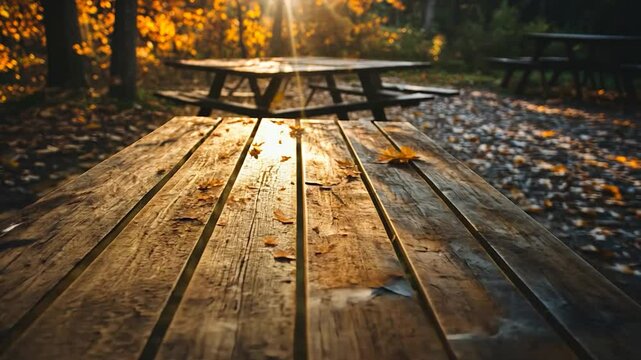Rustic wooden picnic table in autumnal park