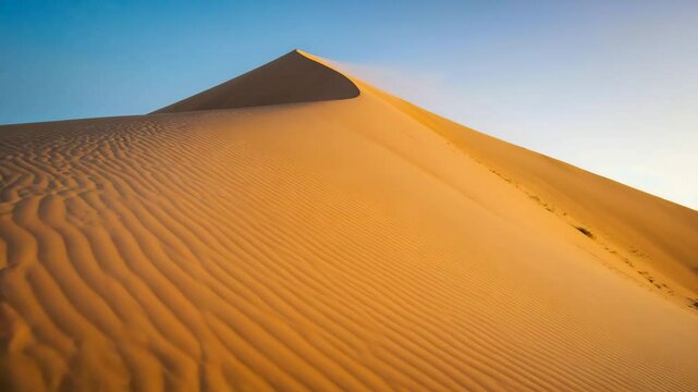 peaceful desert landscape with golden sand dunes and soft light, calm dry environment showing smooth shapes and gentle curves under clear sky