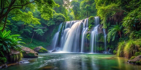 waterfall flowing through dense foliage in a serene natural setting, water feature, peaceful scene