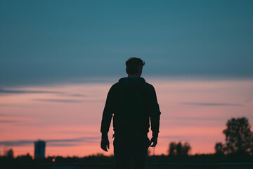 Person Silhouette Looking at Dusk Sky with Pastel Colors, People and Portraits with Bokeh Concept