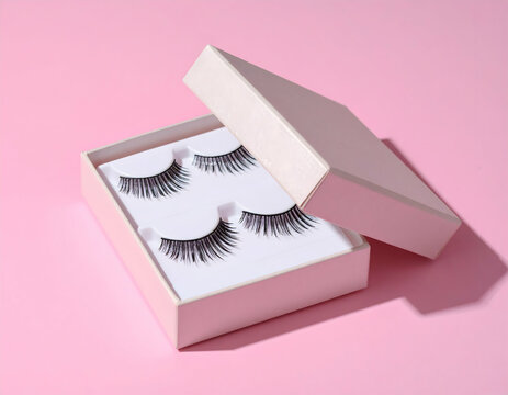 Elegant false eyelashes displayed in a chic box on a soft pink background, perfect for beauty marketing