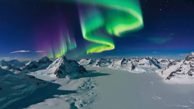 vibrant green aurora dancing above snowy trees and mountains, magical night sky with glowing lights in peaceful winter nature