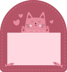 Kawai cat nametag label frame for school, kids, stationery label. Kitty, adorable, animal, pet illustration. Vector isolated.