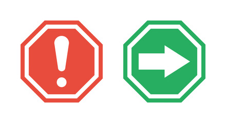 exclamation point red stop road sign, green right arrow direction octagonal vector symbol, traffic regulation icons set