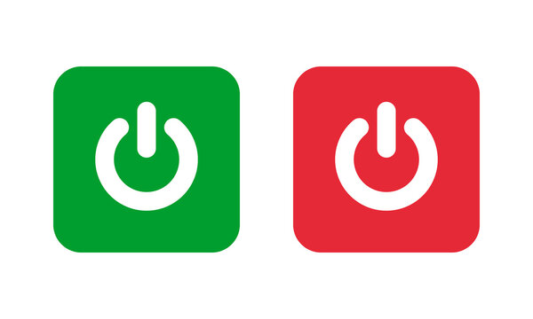 green power on and red power off solid square icons, start stop vector buttons, switch on off pictogram