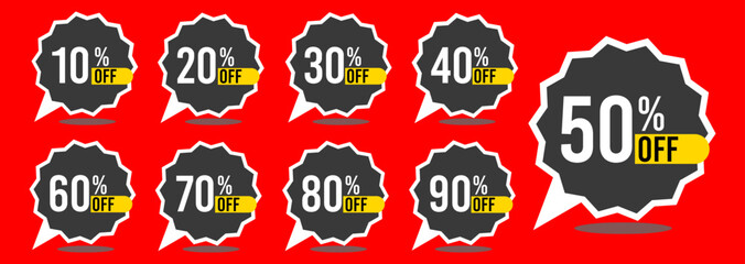 Fototapeta premium 10% off 20% off 30% off 40% off 50% off 60% off 70% off 80% off 90% off ten twenty thirty forty fifty sixty seventy eighty ninety percent off, retail discount, promotion, sale, percentage, set. 