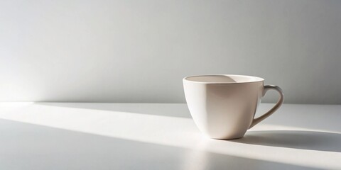 Fototapeta premium A solitary empty off-white ceramic mug sits on a pristine white surface, bathed in the soft glow of natural light casting a gentle shadow