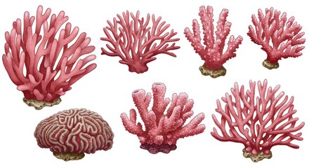 Fototapeta premium Diverse Coral Reef Collection: Eight Stunning Pink Coral Illustrations