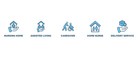 Elderly care banner web icon vector illustration concept for elder people support with an icon of caregiver, nursing home, assisted living, home nurse and delivery service