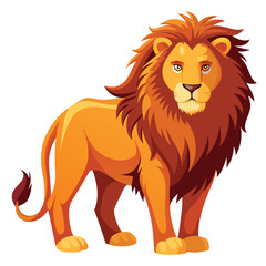 A majestic lion with a full mane stands confidently against a white background