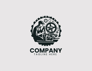 Fototapeta premium Focused Mechanic Carefully Working on Intricate Machine Mechanism Vector Logo Design