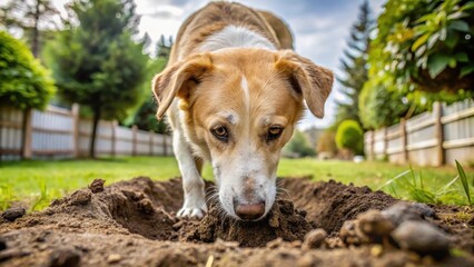 messy dog digging holes in backyard with muddy nose and dirt on fur, dog in yard, dog digs