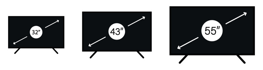 smart tv screen sizes icon. tv screen 32, 43, 55 inches collection. diagonal screen sizes in 32, 43 and 55 inches. smart television. computer monitor. vector illustration on transparent background