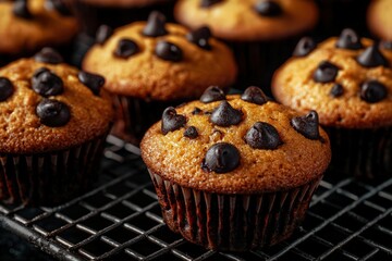 A close-up of freshly baked muffins on a cooling rack, with chocolate chips and blueberries