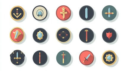 Colorful Icons of Armor Rings and Weapons on Isolated Background