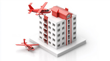 Red Propeller Planes Flying Over Modern Apartment Building Model