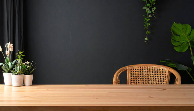 黒の壁に木製のテーブルと椅子。Wooden table and chairs against a black wall.