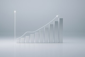 3D Metallic Bar Chart with Growth Arrow on Minimalist Gradient Background