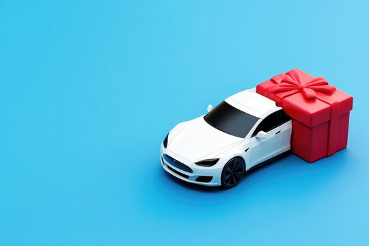 A white car sits beside a large red gift box on a blue background - Powered by Adobe