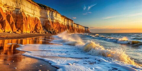 Sea spray hitting the white cliffs of Hunstanton Beach at sunrise , sunset, norfolk