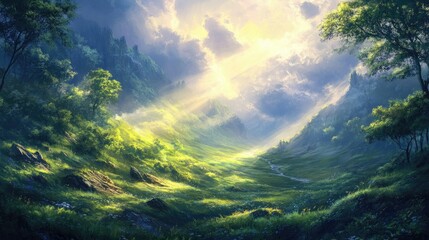 Serene Landscape with Sunlight Illuminating a Lush Green Valley Surrounded by Majestic Mountains and a Clear Blue Sky in a Tranquil Environment