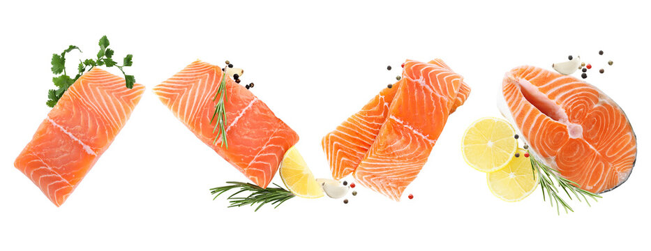 fresh salmon fillets isolated on transparent background