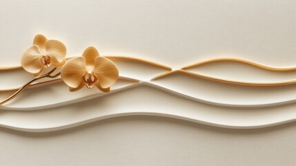 Delicate orchids on a textured, wave-like surface.