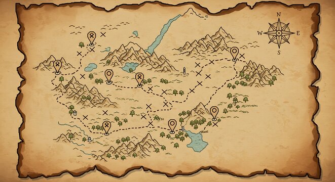 Detailed pixel art treasure map with castle and marked locations