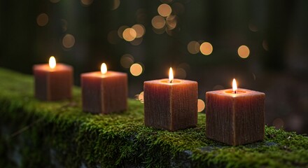 Four candles glowing on mossy surface with bokeh lights creating a warm ambiance in nature