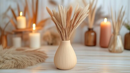 Harmonious composition of pampas grass in a vase with warm candlelight ambience