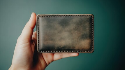 Elegant leather wallet in hand against a deep green background, close up